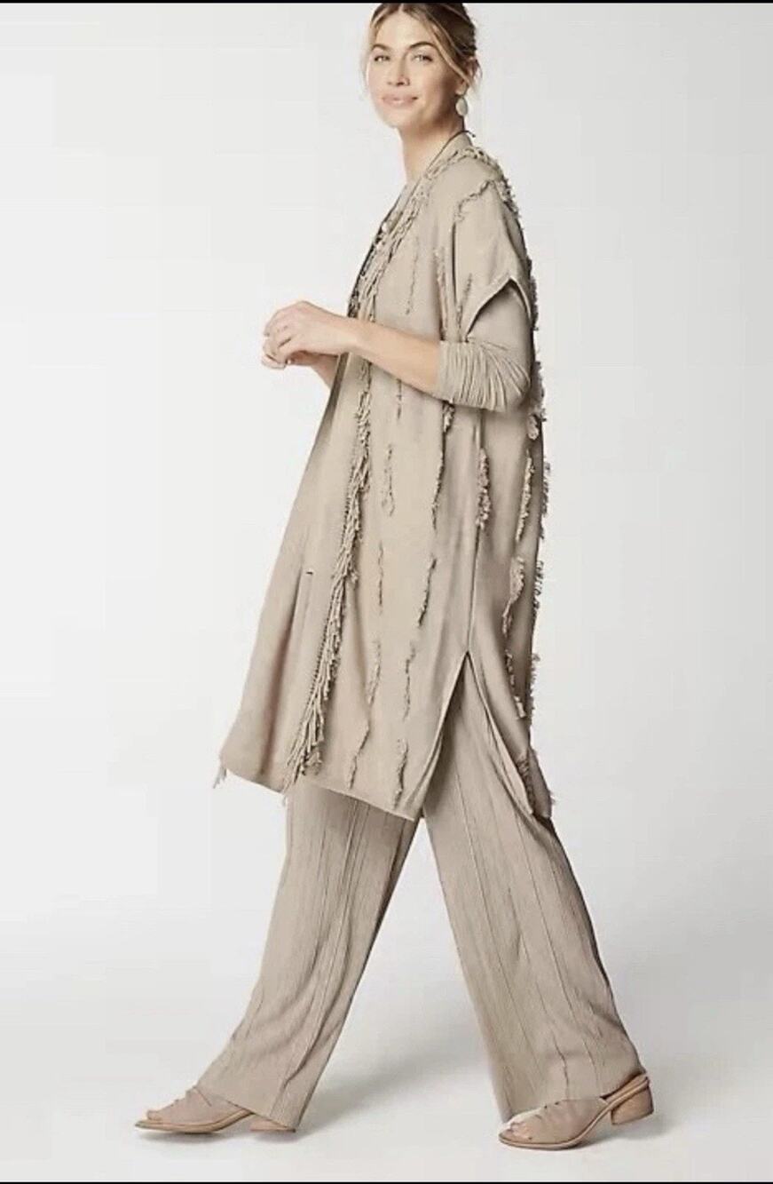 J Jill Pure Jill Jacquard Fringe Gilet Medium Taupe Open Front Long Boho Casual